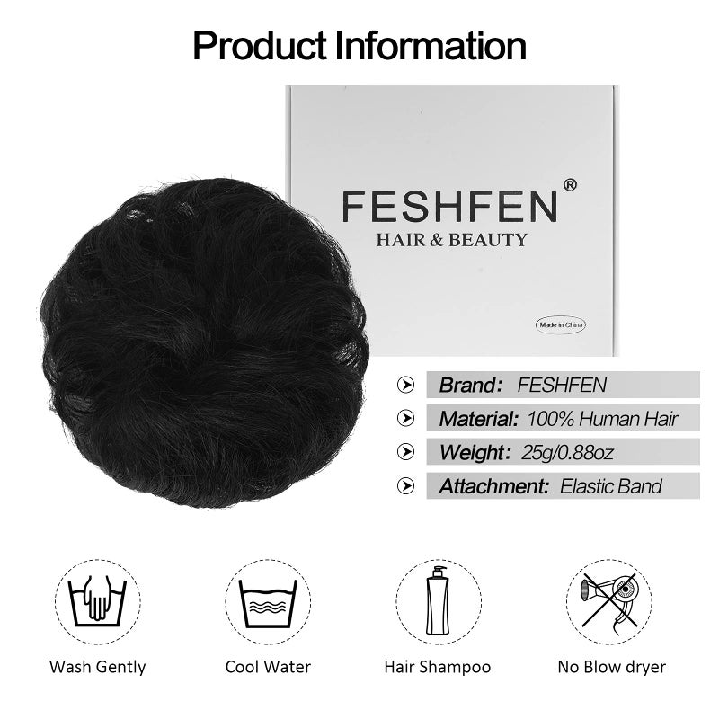 FESHFEN Human Messy Buns - 100% Human Hair Bun Real Scrunchies Hair Pieces Ponytail Extensions Wavy Tousled Updo Chignon Hairpieces for Women, Black - Image 5
